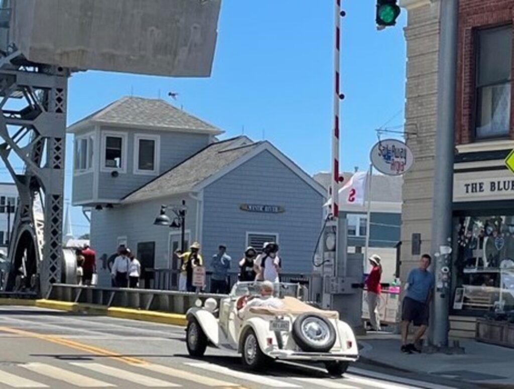 British car drving over draw bridge in Mystic Ct