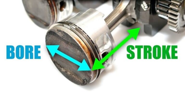 Engine piston with arrows noting bore vs stroke