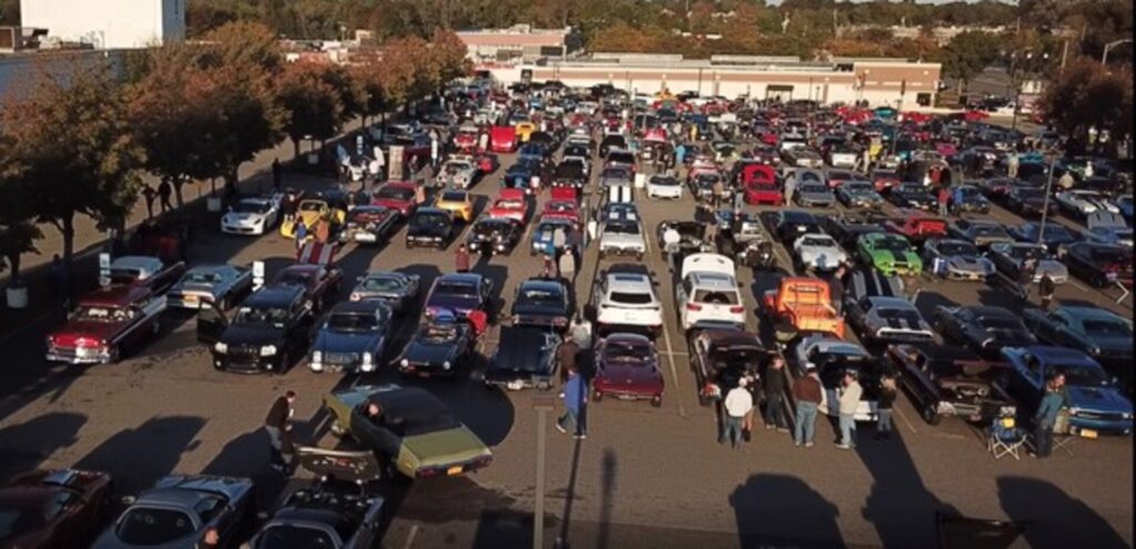 Aerial view of an early morning classic car show