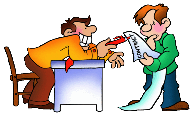 Cartoon of salesman working on customer to sign contract