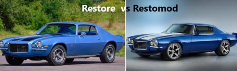 Two blue '70s Chevrolet Camaros; one original and one resto-mod