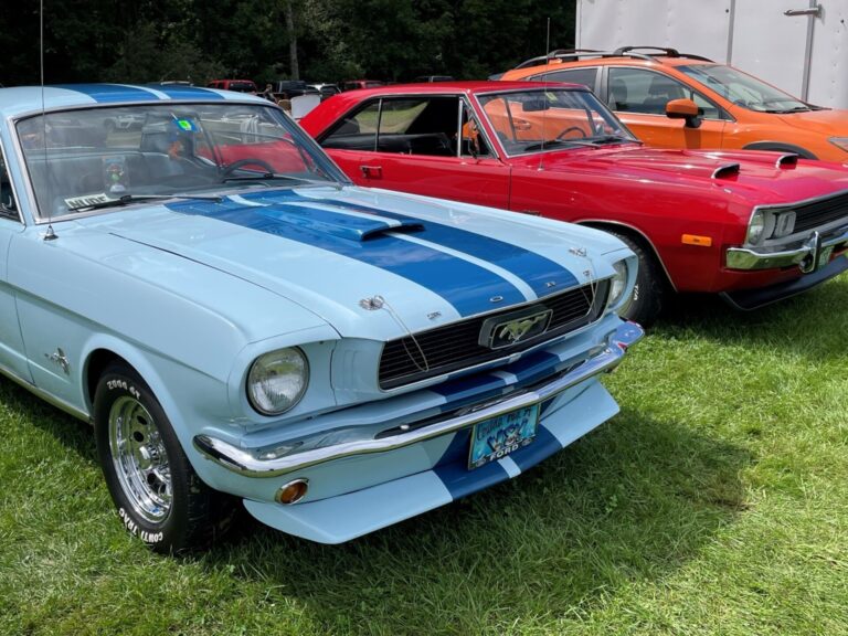 Blue with blue stripes Mustang and red Dodge Dart on grass