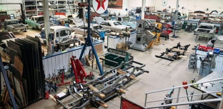 Hi view of classic car restoration shop interior