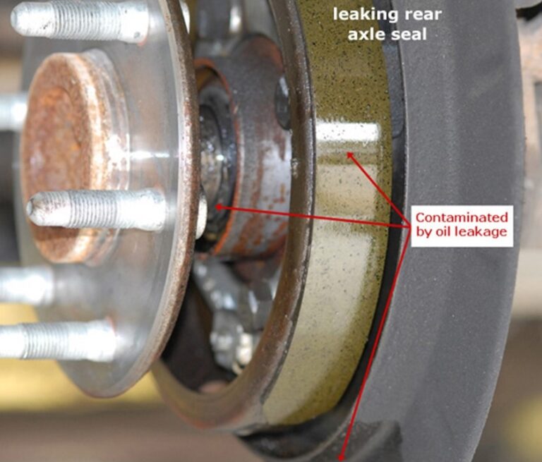 Rear wheel differential showing leaking fluid by axel