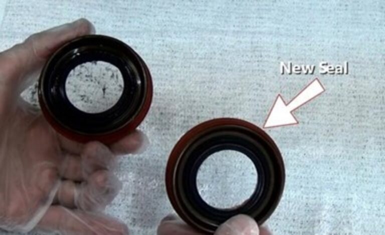 A person holding the rear differential axle seals comparing the old vs new