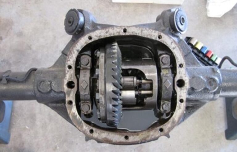 A Chevrolet 4-linf rear end differential opened to see the gears