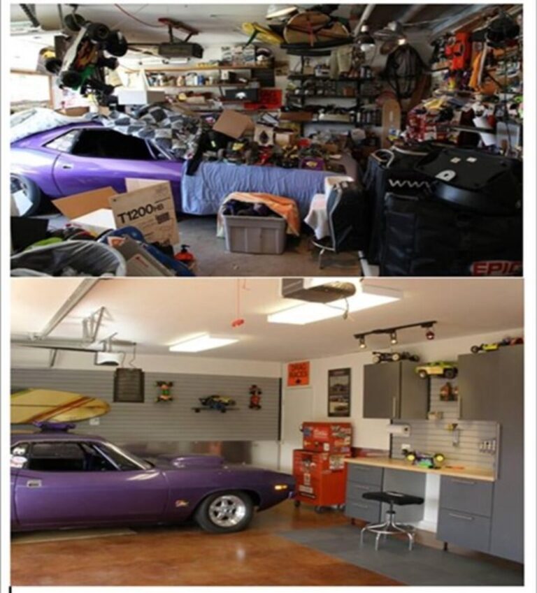 A cluttered garage with a purple classic car before and cleaned up and organized