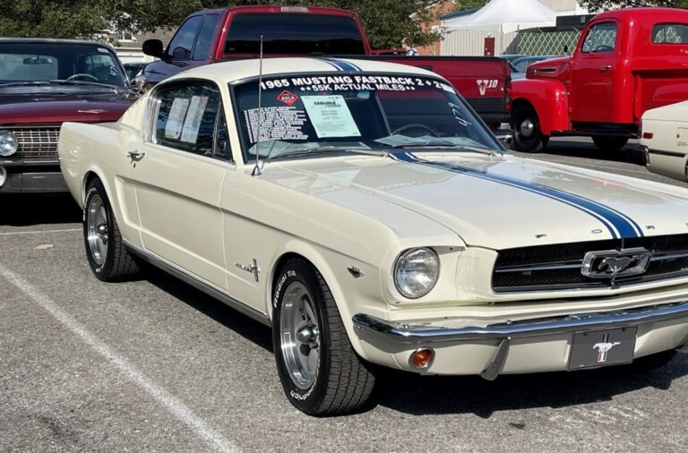 Whiite with blue stripes Ford Mustang fastback for sale at a car auction