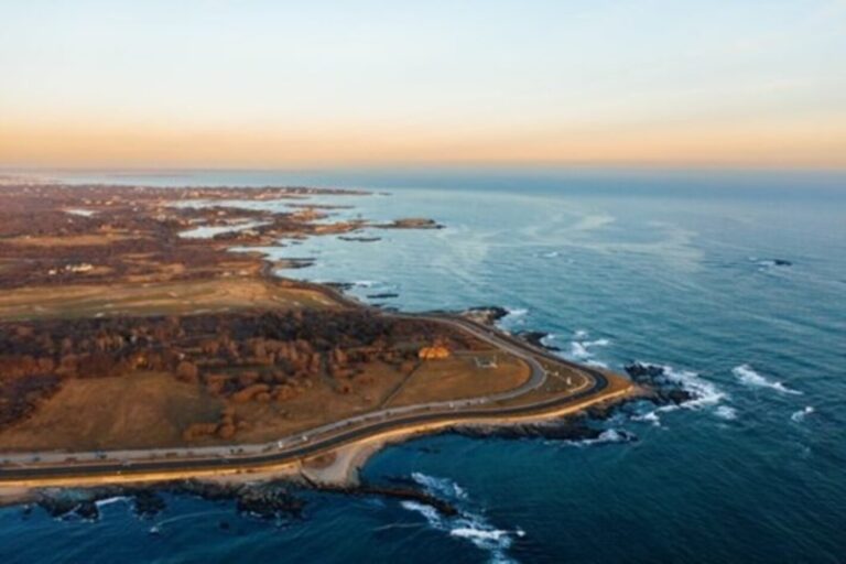 Arial of the car scenic drive along the Rhode Island coast