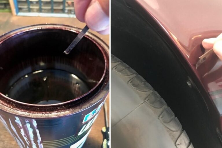 A split picture showing a match stick being used for car paint touch-up