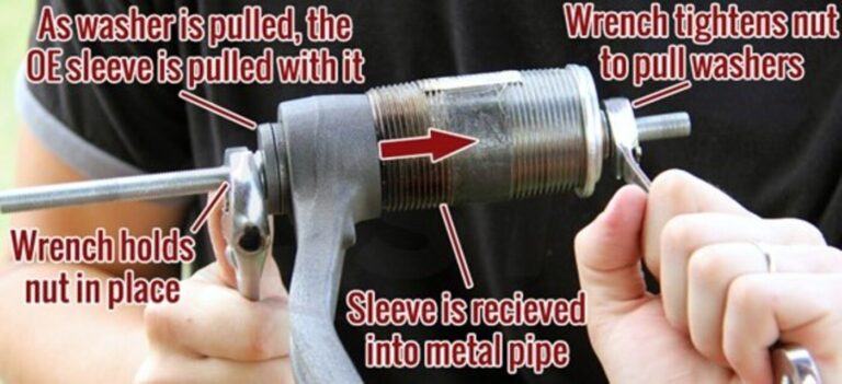 A person removing a bearing with instructions on how bearing replacemenet is completed