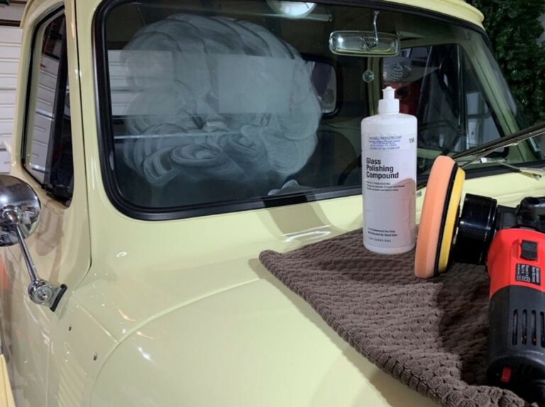 Using window polish on a yellow Ford pick up truck