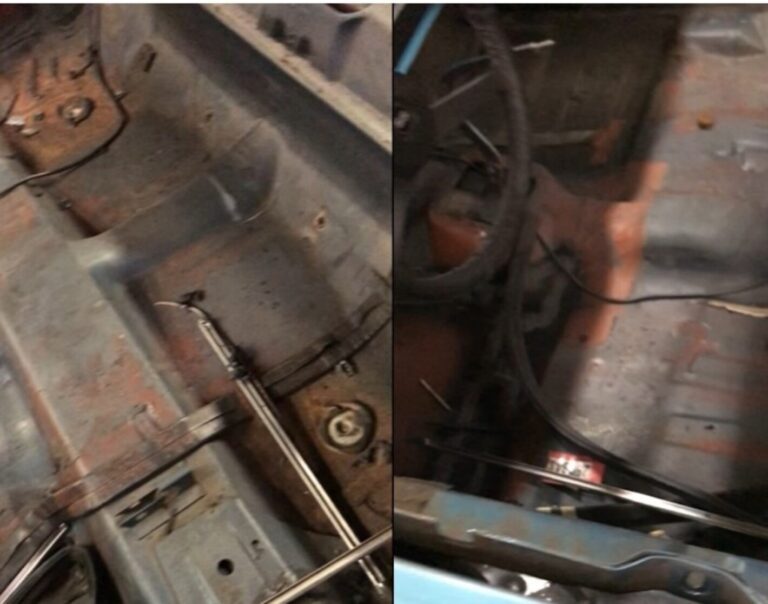 2 photos off a 70 Chevy Chevelle intor floor being cleaned to prevent rust