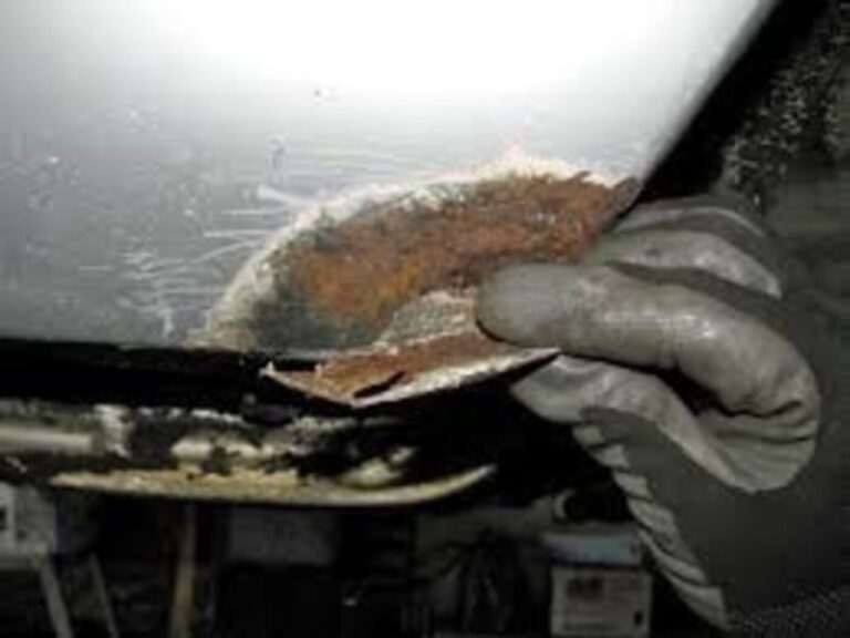 A fender of a silver car that has rusted on the corner before preventing rust