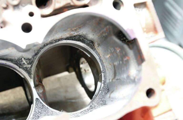 An engine cylinder honed in preparation for sleeving an engine