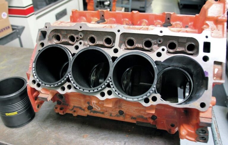 A V8 engine after the sleeves were installed into the engine cylinders