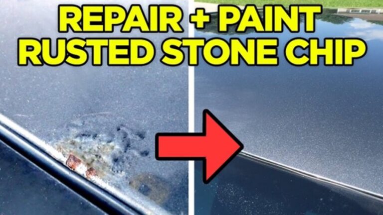 A before and after of rust repair on a blue car door panel with graphic