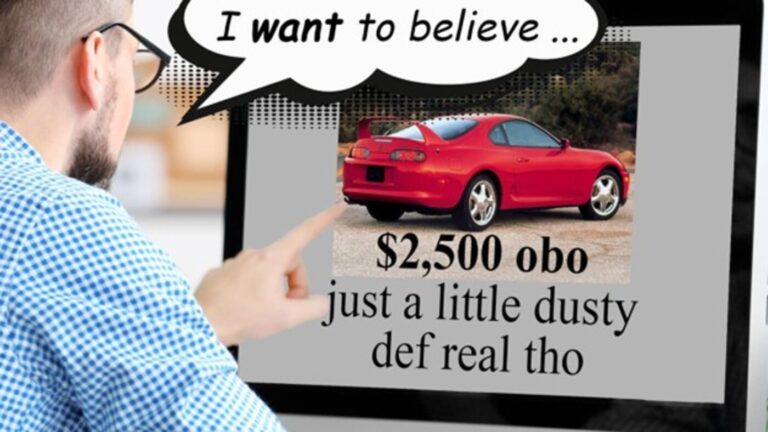 An image of a man in a blue & white collared shirt looking at a computer screen with a red Toyota and the words $2,500 obo just a little dusty def real tho