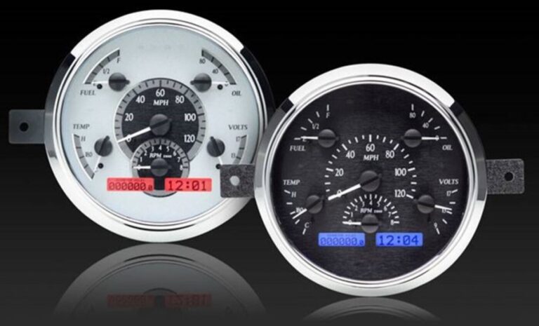 Side by side comparing aftermarket gauges with white vs black background faces