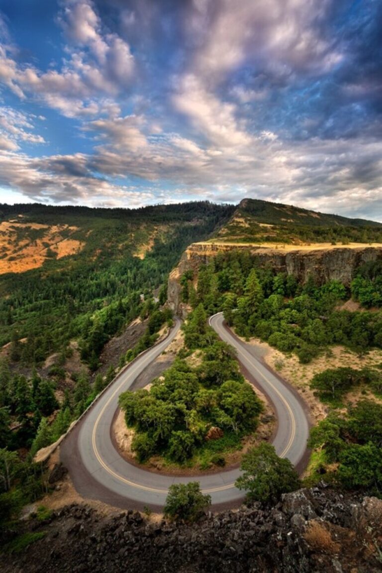 An aerial view of the curvy road of Columbia River Hwy -Oregon