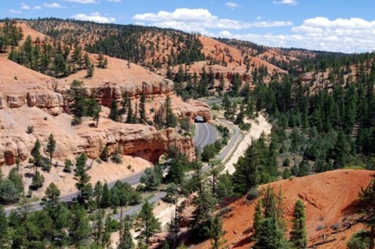 A view of the curvy road thru the valley on the Scenic Byway in Utah