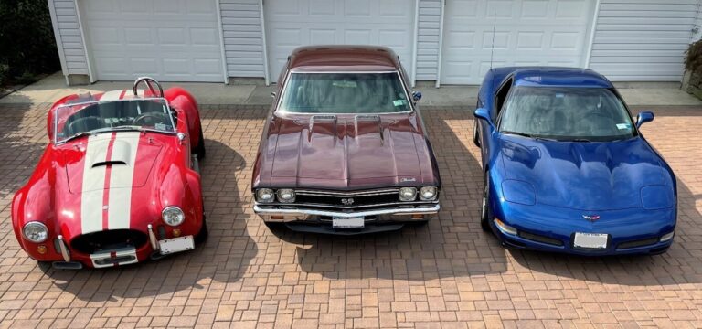 A red Cobra with a small block V8, a Maroon Chevy Chevelle with a big block V8 and a blue Corvette with a small block V8 engine