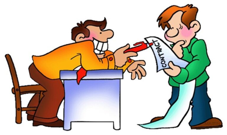 Cartoon of a man in an orange shirt with a red pen trying to get a man in a green shirt with a contract to sign the papers