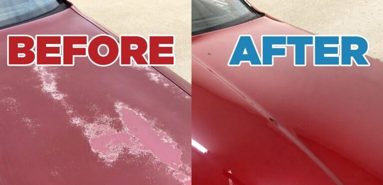 A split view of a red car hood with pealing car paint and fully restored paint