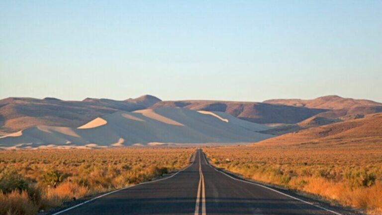 A straight road on Route 50 in Nevad with the mountains in the background for road trips