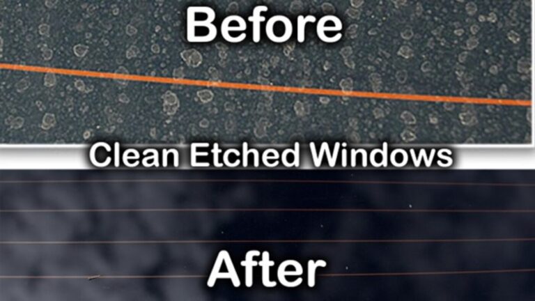A before and after comparison of etched water spot windows that were cleaned