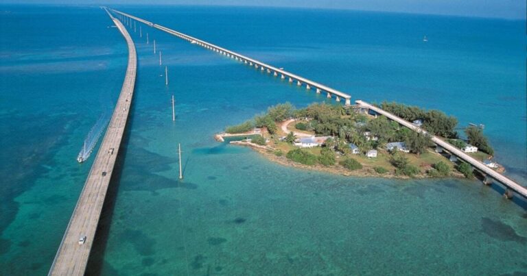 An aerial view of a portion of the Overseas Highway heading to the Florida Keys for waterside road trips