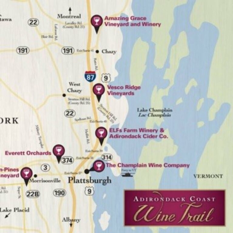 A map of wineries in New York along Lake Champlain as part of the Adirondack Coast Wine Trail for waterside road trips