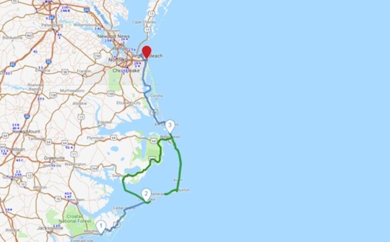 A map showing the route to take along the Virginia coast for waterside road trips