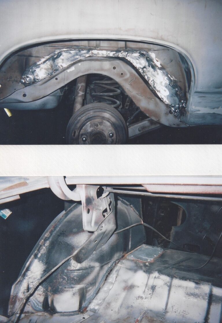 2 photos noting autobody repairs to the trunk area of a Chevy Chevelle; with the top noting the exterior repair over the rear axle and the bottom noting repairs inside of the trunk to the same area using a car restoration guide