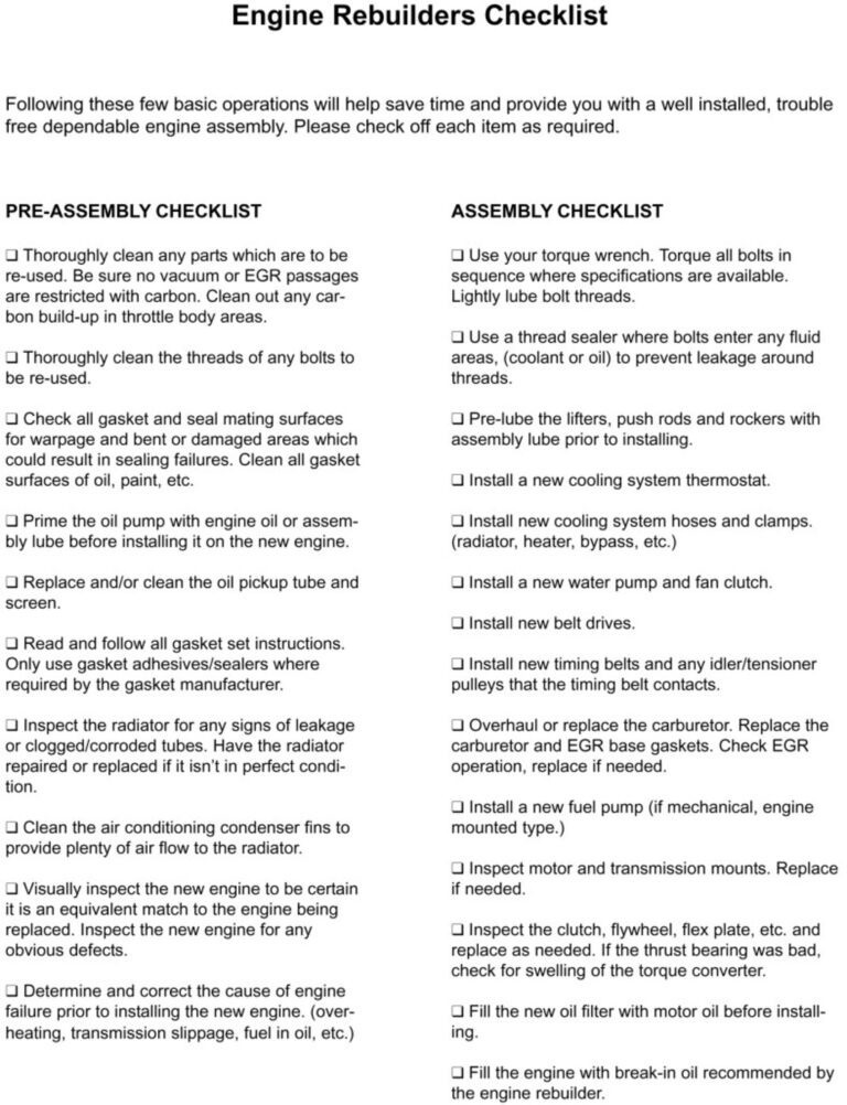 An engine re-building check list