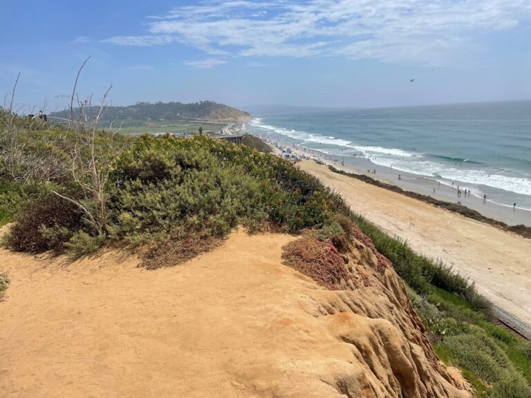 A view from the seaside cliffs overlooking the beach and Pacific Ocean along the Pacific Coast Hwy north of San Diego CA taking in the highway scenery