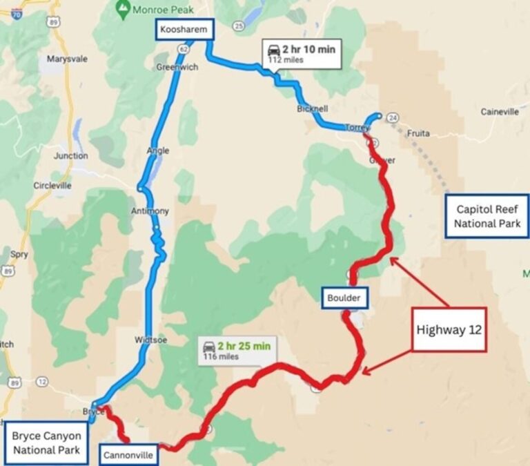 A map oof Utah showing the route along Route 12 to take in the highway scenery