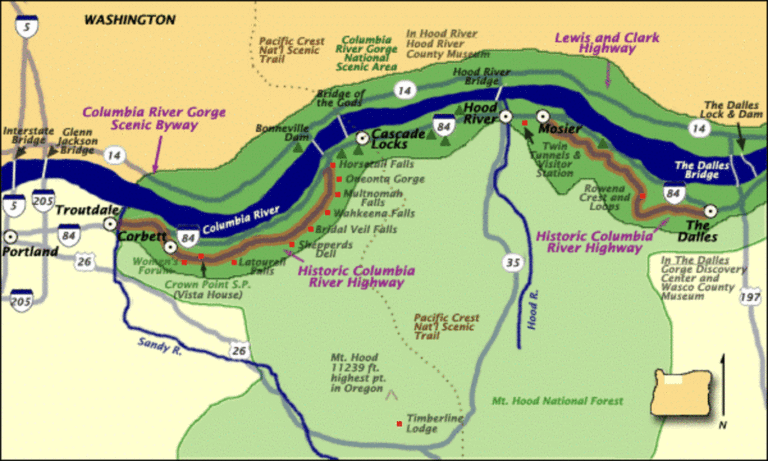 A map showing a section with hughway scenery along the Columbia River Hwy in Oregon