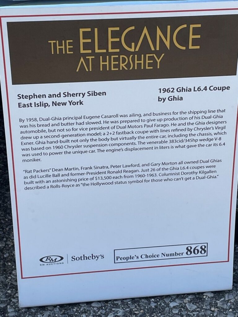A document on display with a 1962 Ghia from RM & Sotheby's Auctions noting the classic car provenance