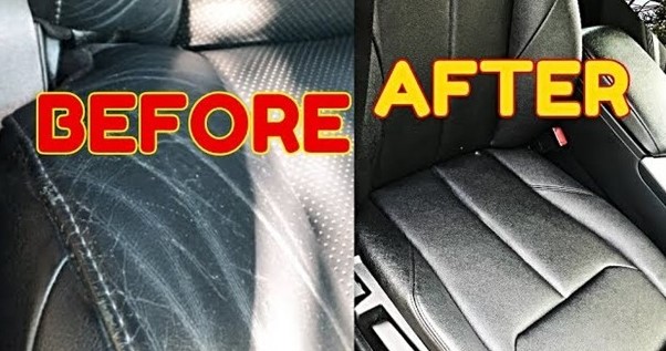 A side by side photo of car vinyl seats before and after vinyl repairs