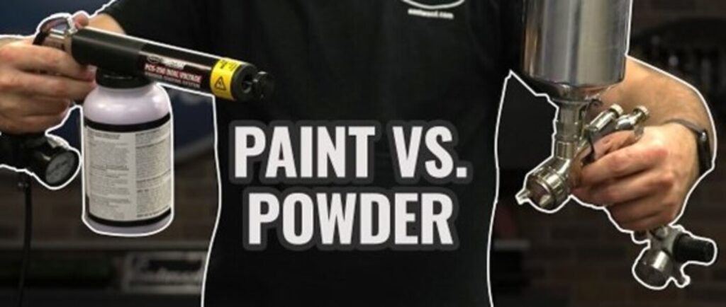 A person in a black t-shirt holding a paint gun and a powder coating applicator with the words in white "Paint vs Powder" as part of the car paint processes