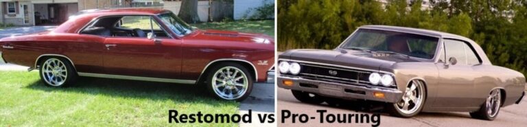 Comparing a red restomod vs a beige pro-touring Chevy Chevelle stance for proper car's weight distribution