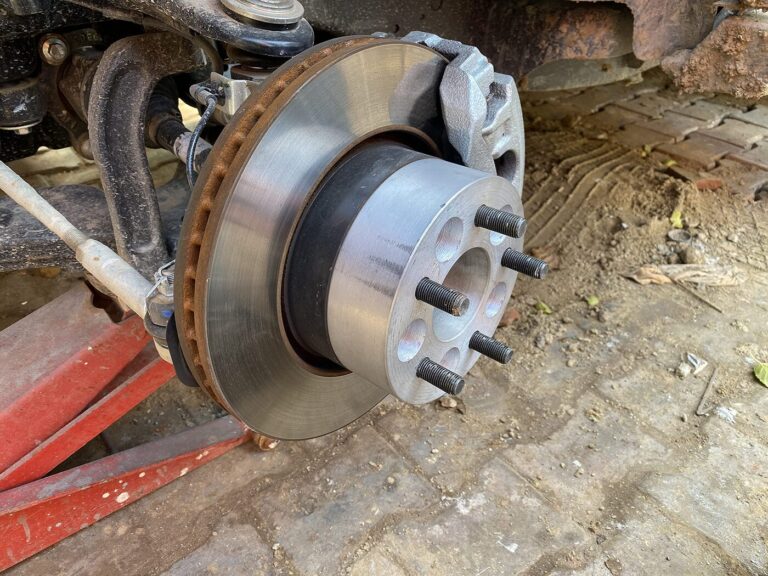 An aluminum wheel spacer installed on front wheel hub