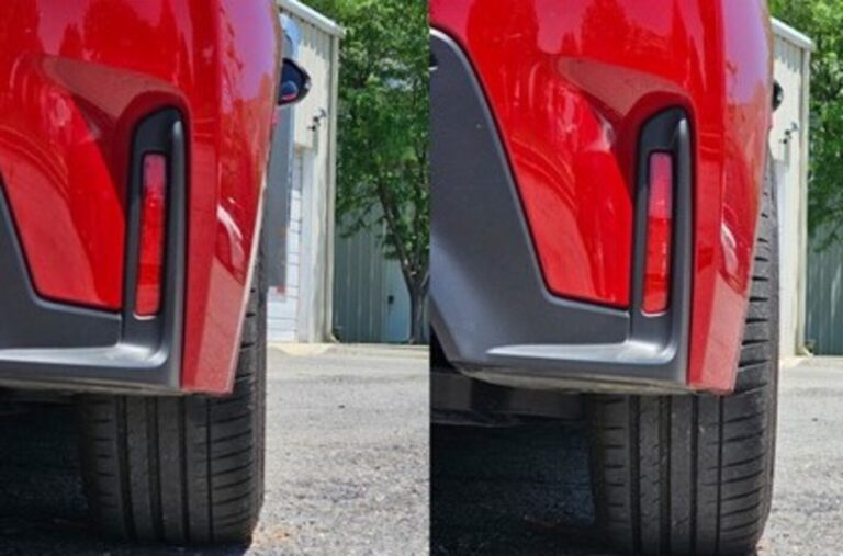 Comparing a red car without wheel spacers and with wheel spacers installed