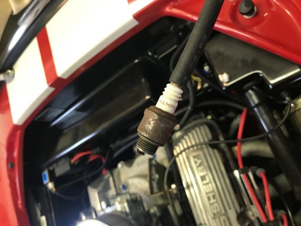 A Champion spark plug being held with rubber fuel line over a red and white Cobra