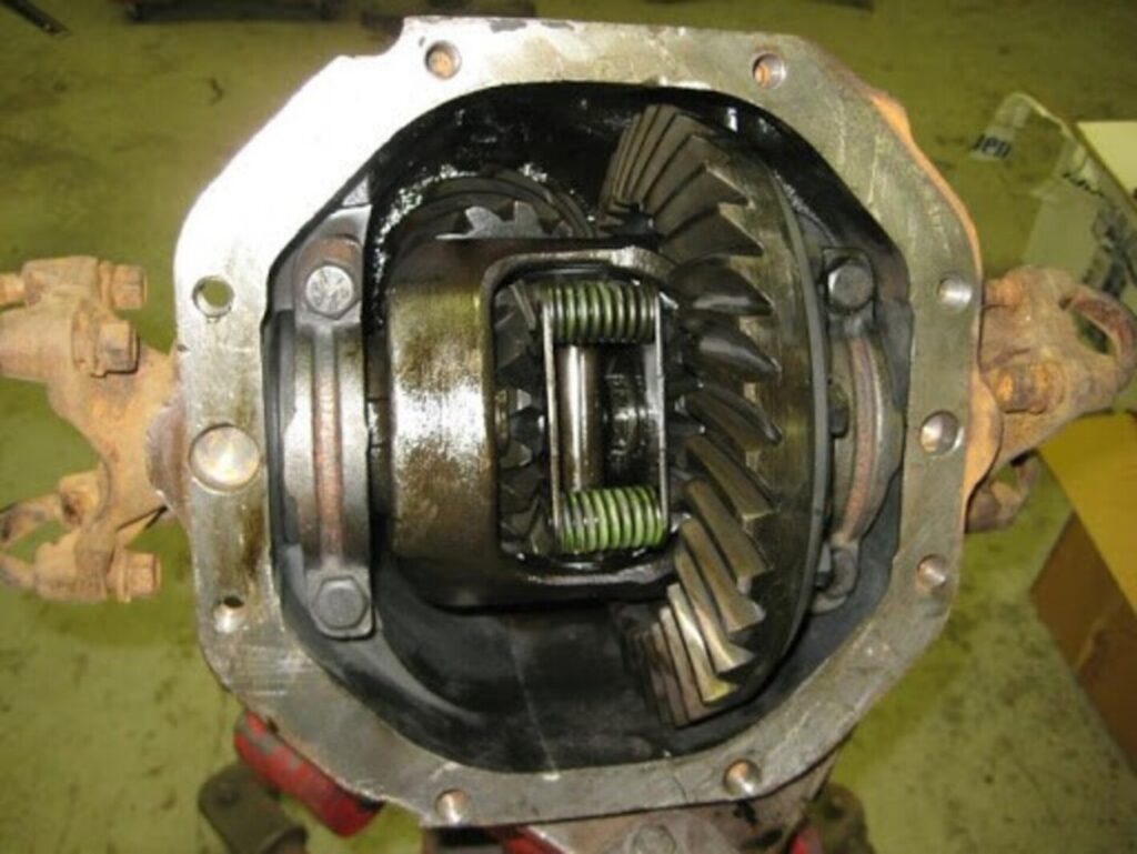 A rear differentials open case showing a limit slip gear assembly