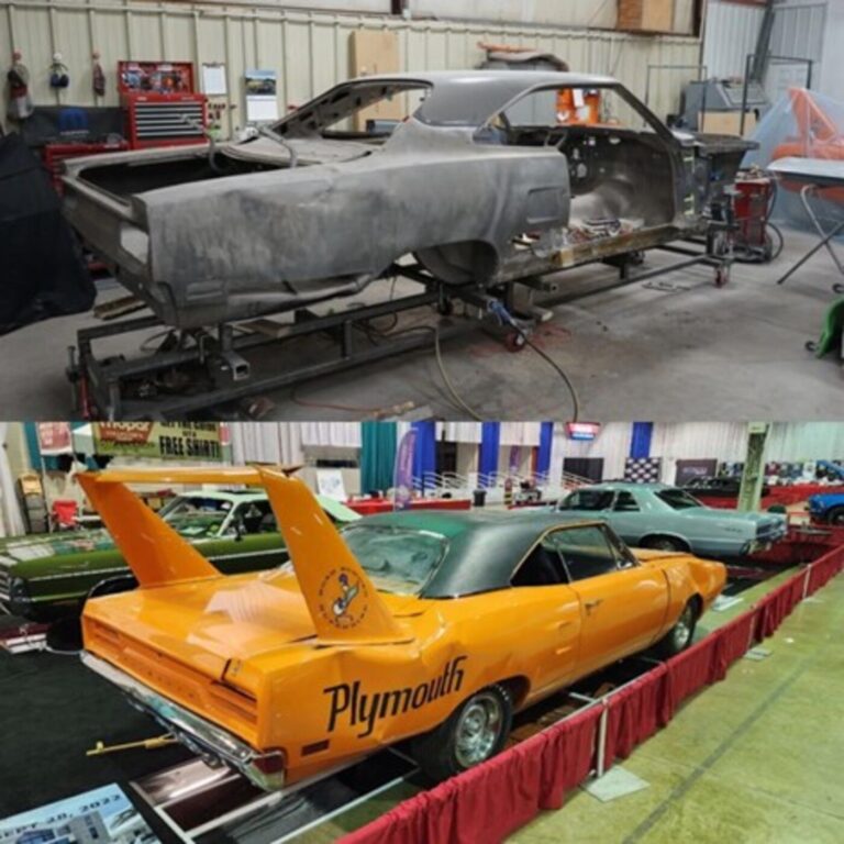 A comparative photo of a Plymouth Superbird the top being black and white of the car at a restoration shop using a car restoration contract and the bottom being in color of the orange and black damaged car at a car show