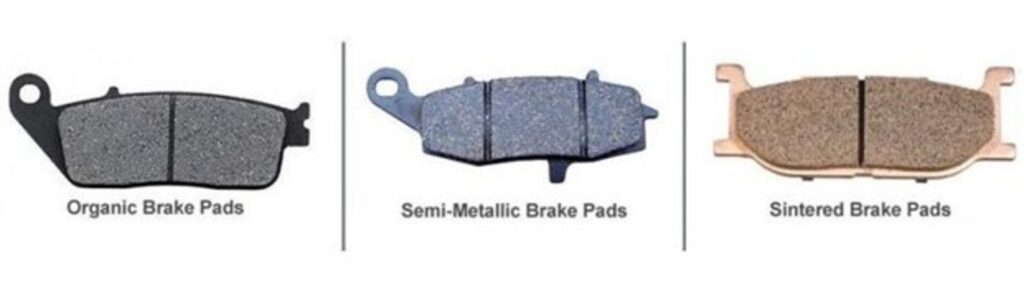 A comparison of car disk brake pad types noting organic, semi-metallic, and sintered brake pads
