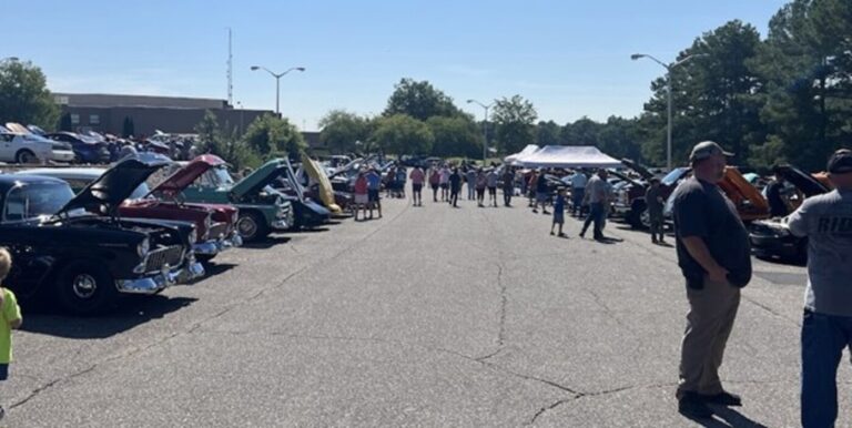 A view of classic cars parked at a car show outside of Asheville North Carolina