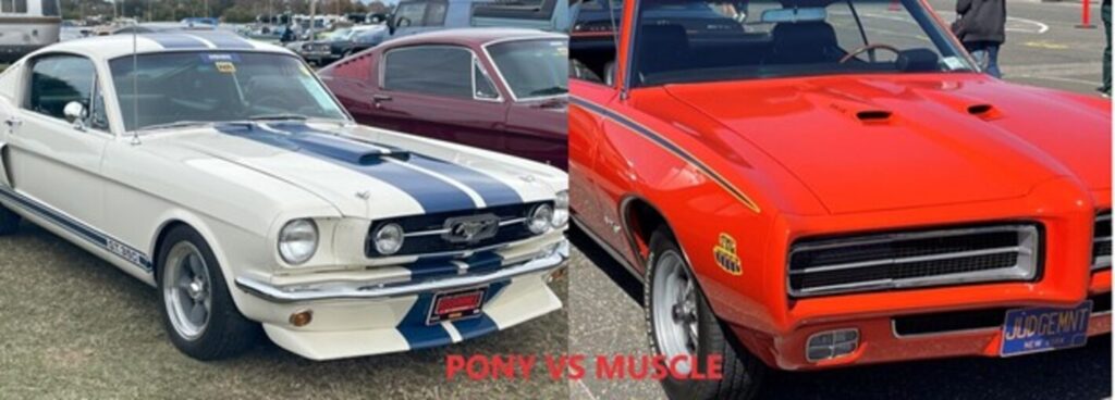 A side-by-side photo comparing a white/blue 167 Ford Mustang and an orange Pontiac GTO Judge with the words in red PONY VS MUSCLE to compare American muscle cars with Pony cars